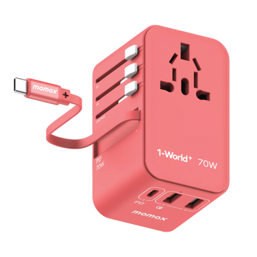 Momax 1-World 70W GAN 3 Port With Built-in USB-c Cable AC Travel Adaptor Red