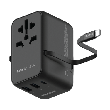 Momax 1-World 25W 3 Port With Built-in USB-C Cable AC Travel Adaptor - Black