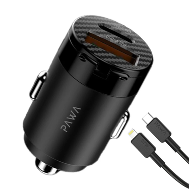 Pawa Supermini Dual Port Car Charger 65W With Braided Type-C To Lightning Cable - Black